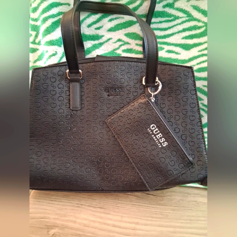 Guess Black Embossed Satchel Top Handle Bag with Pouch BAG CHARM